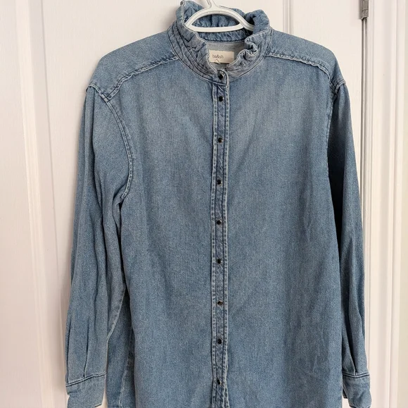 Ba&Sh Denim Shirt High Ruffle Collar Blue Size 3 - Picture 9 of 11